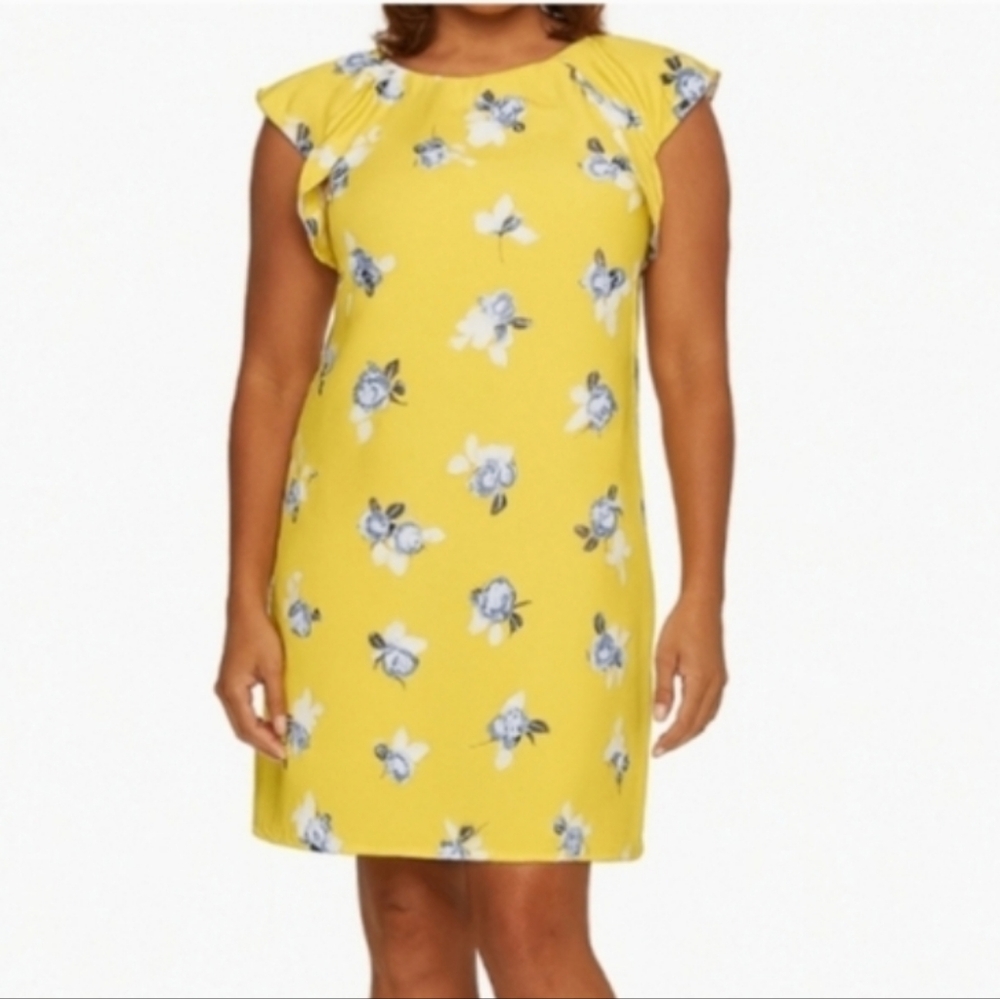 Madison Yellow Rose Flutter Sleeve Blue Floral Sheath Keyhole Dress Large